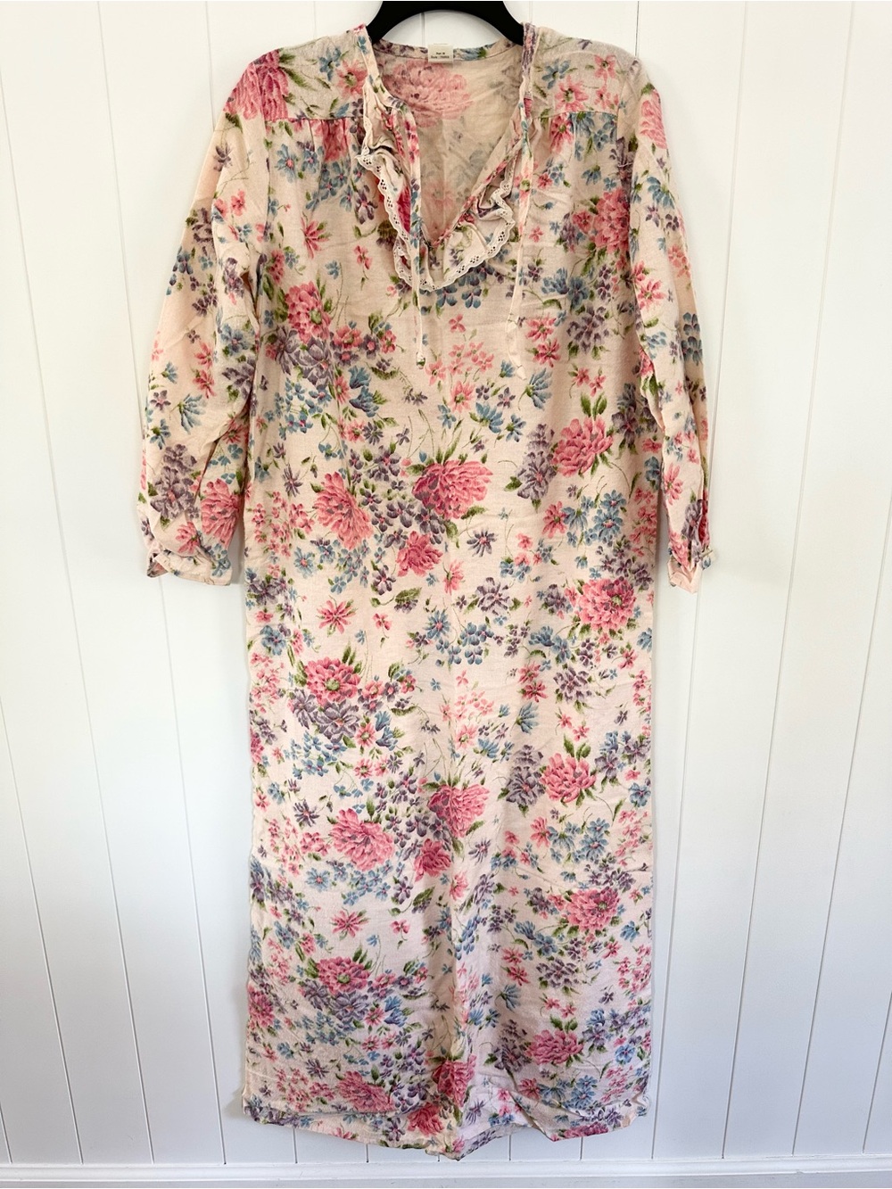 Vintage Sears Cream Floral Ruffle-Trim Nightgown